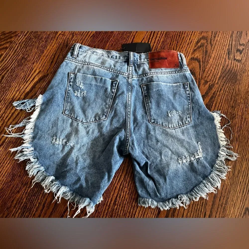 One Teaspoon Frankies Low Waist Long Length Denim Shorts - Worn Out Hendrixe